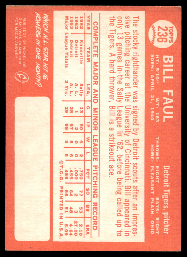 1964 Topps #236 Bill Faul Ex-Mint  ID: 523870