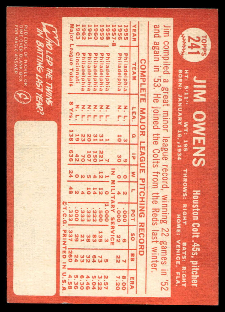 1964 Topps #241 Jim Owens Near Mint+ 