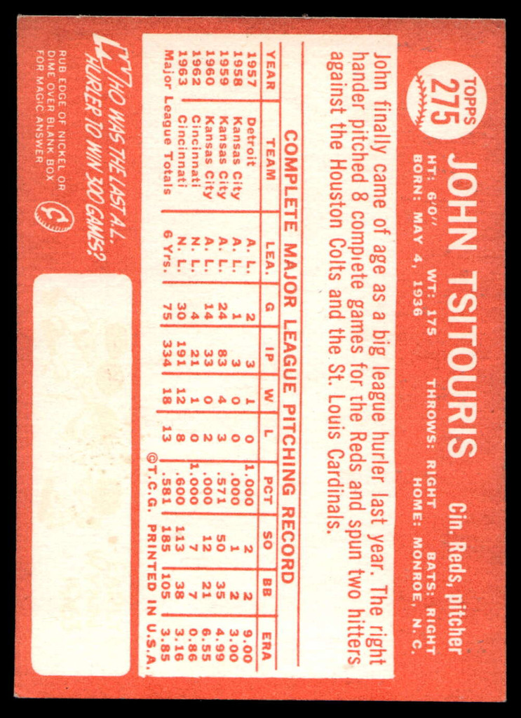 1964 Topps #275 John Tsitouris Near Mint  ID: 523895