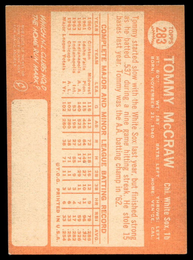 1964 Topps #283 Tommy McCraw Ex-Mint RC Rookie  ID: 523901