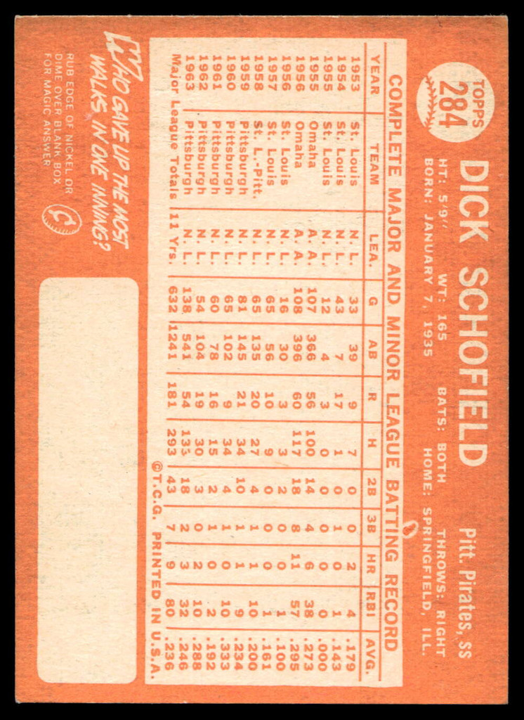 1964 Topps #284 Dick Schofield Ex-Mint  ID: 523902