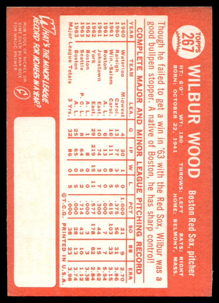 1964 Topps #267 Wilbur Wood Ex-Mint RC Rookie  ID: 523903