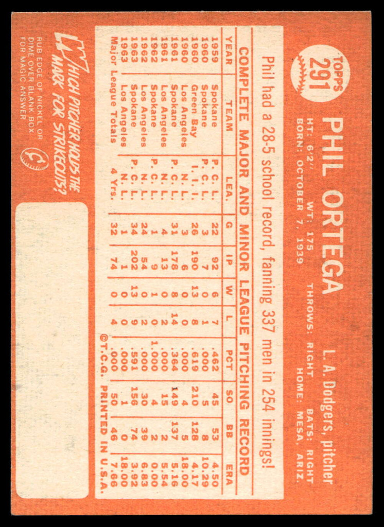 1964 Topps #291 Phil Ortega Near Mint+ 