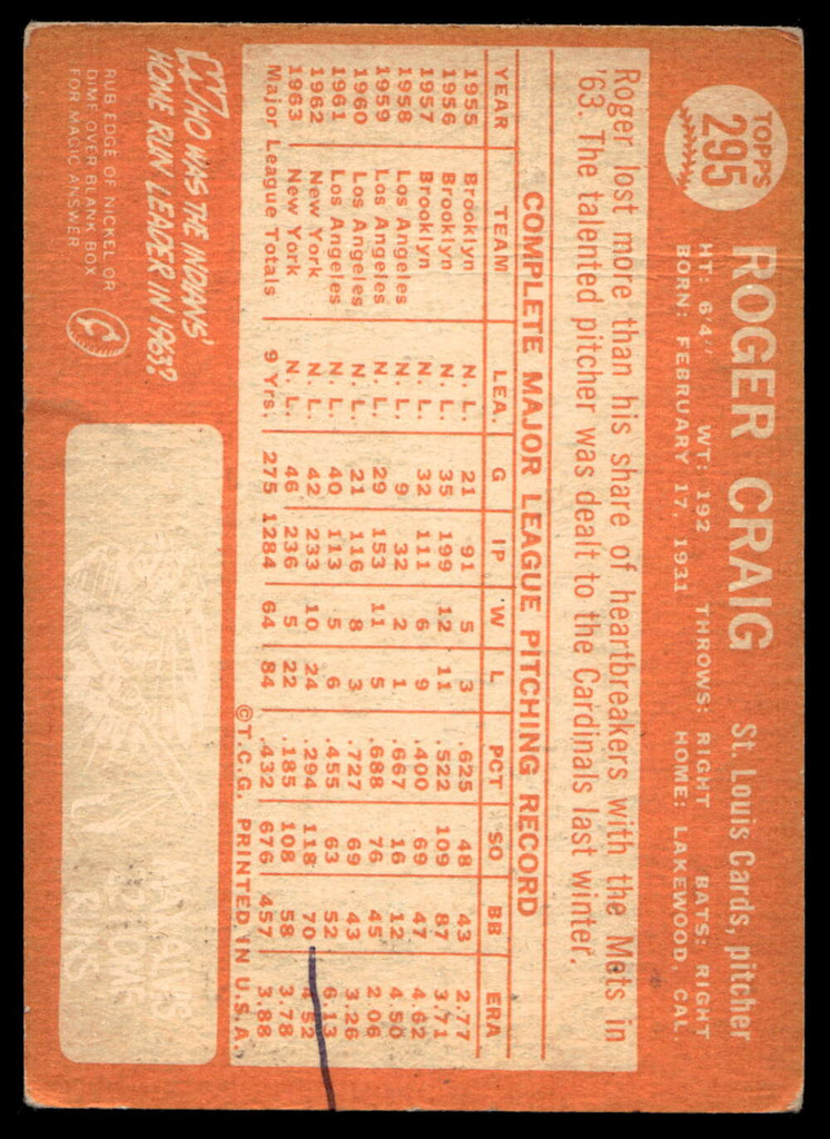 1964 Topps #295 Roger Craig Very Good  ID: 523910