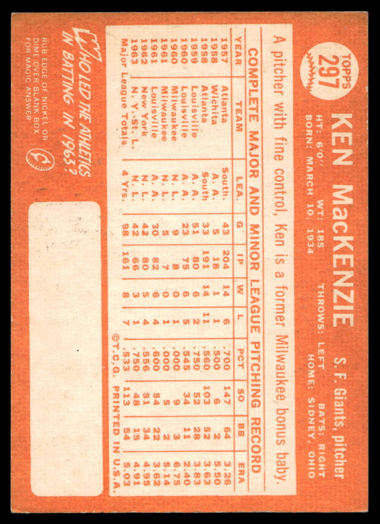 1964 Topps #297 Ken MacKenzie Ex-Mint  ID: 523912
