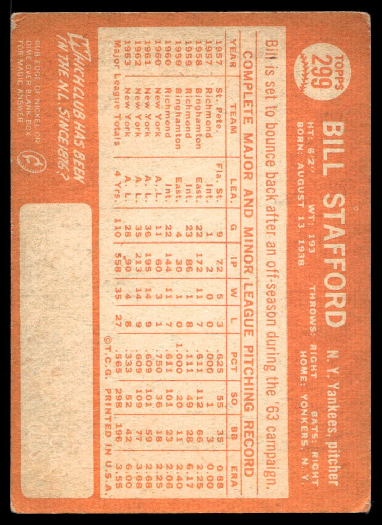 1964 Topps #299 Bill Stafford Very Good  ID: 523913