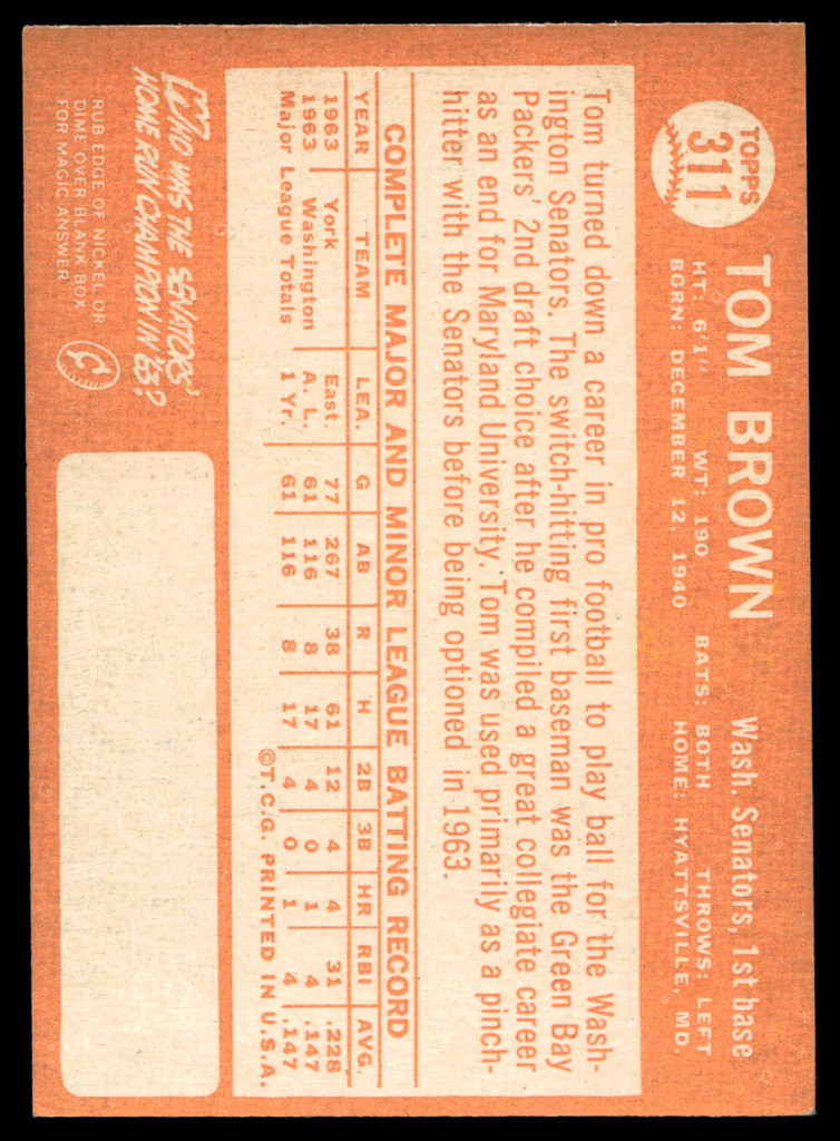 1964 Topps #311 Tom Brown Ex-Mint RC Rookie  ID: 523917