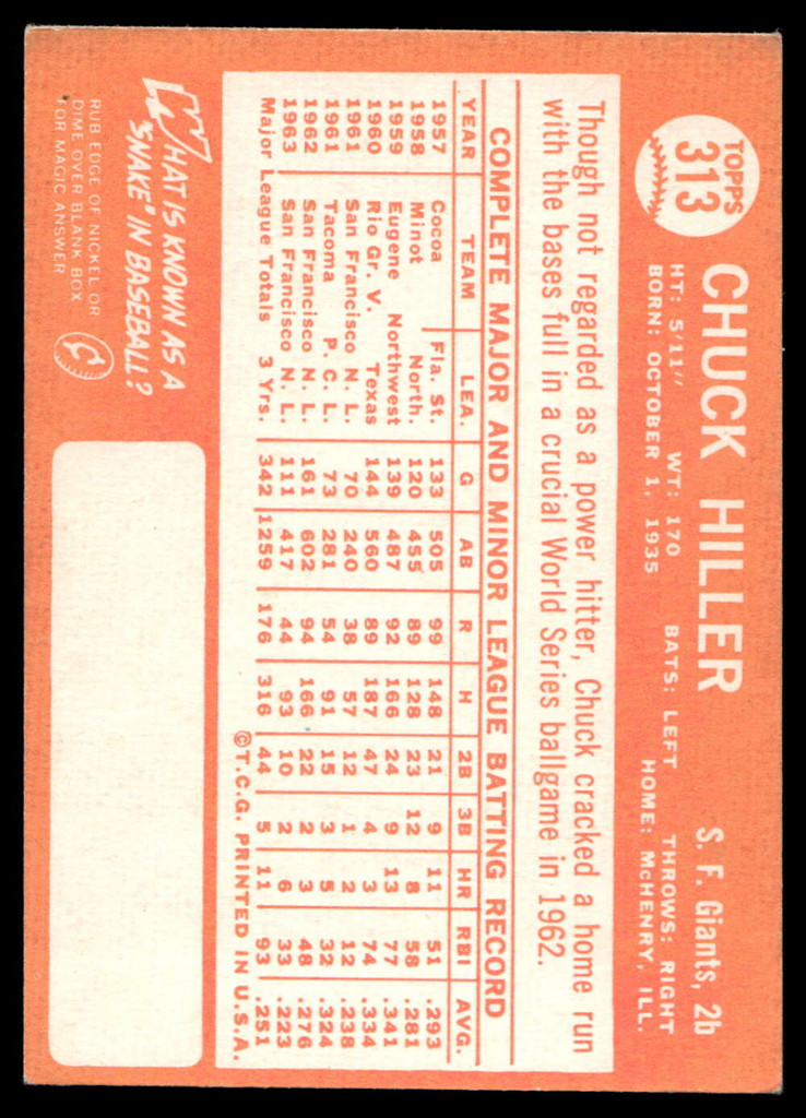 1964 Topps #313 Chuck Hiller Excellent+  ID: 523919