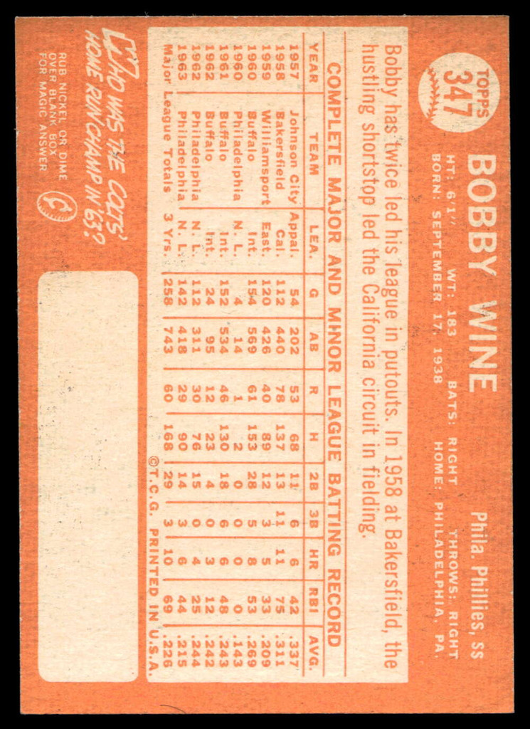 1964 Topps #347 Bobby Wine Near Mint  ID: 523944