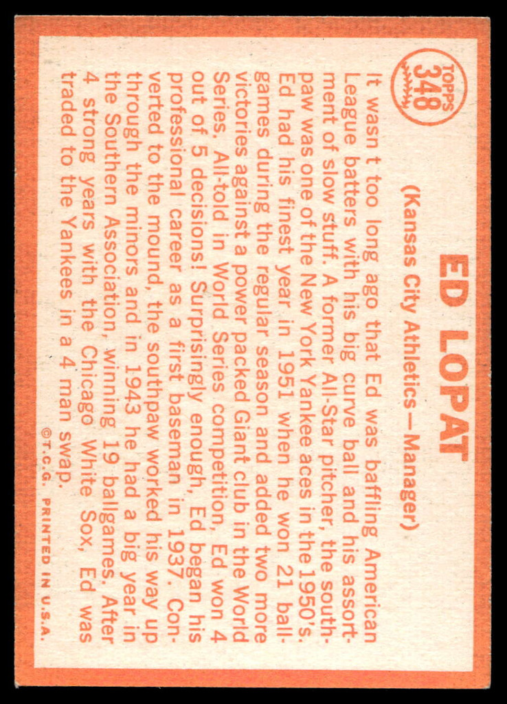 1964 Topps #348 Ed Lopat MG Ex-Mint  ID: 523945