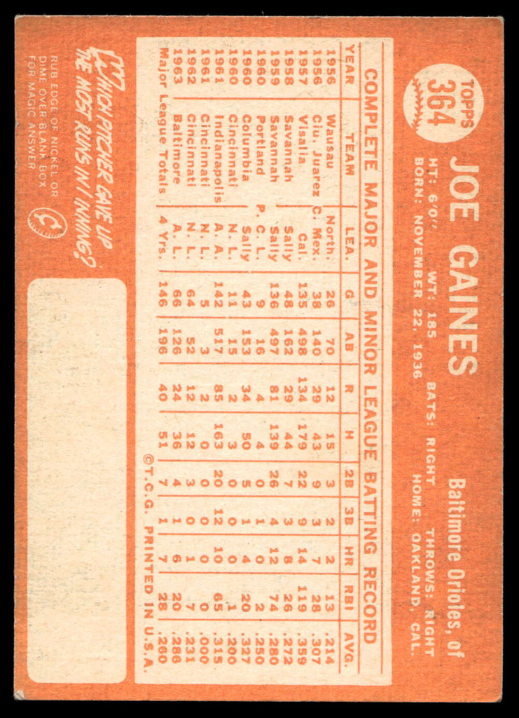 1964 Topps #364 Joe Gaines Excellent  ID: 523956