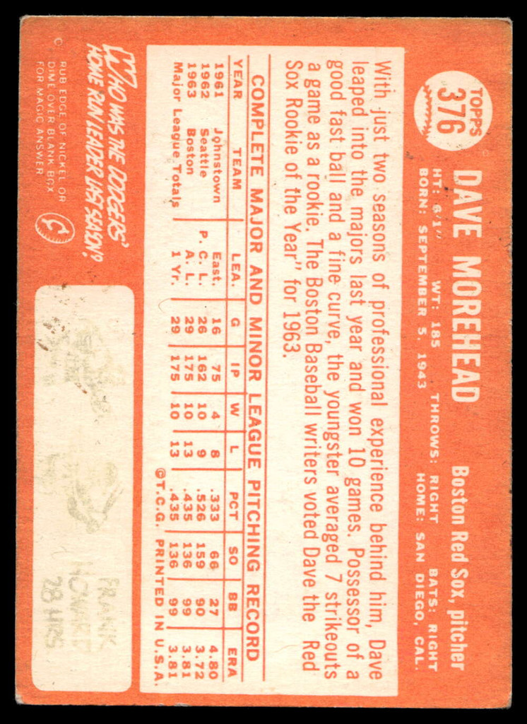 1964 Topps #376 Dave Morehead Very Good  ID: 523966
