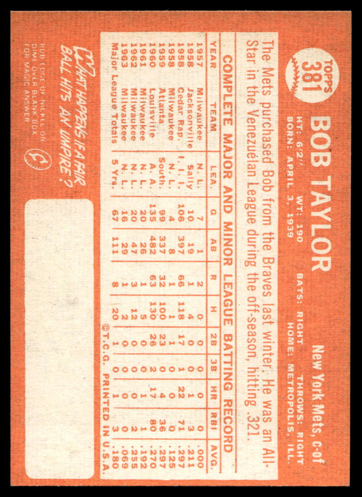 1964 Topps #381 Bob Taylor Near Mint 