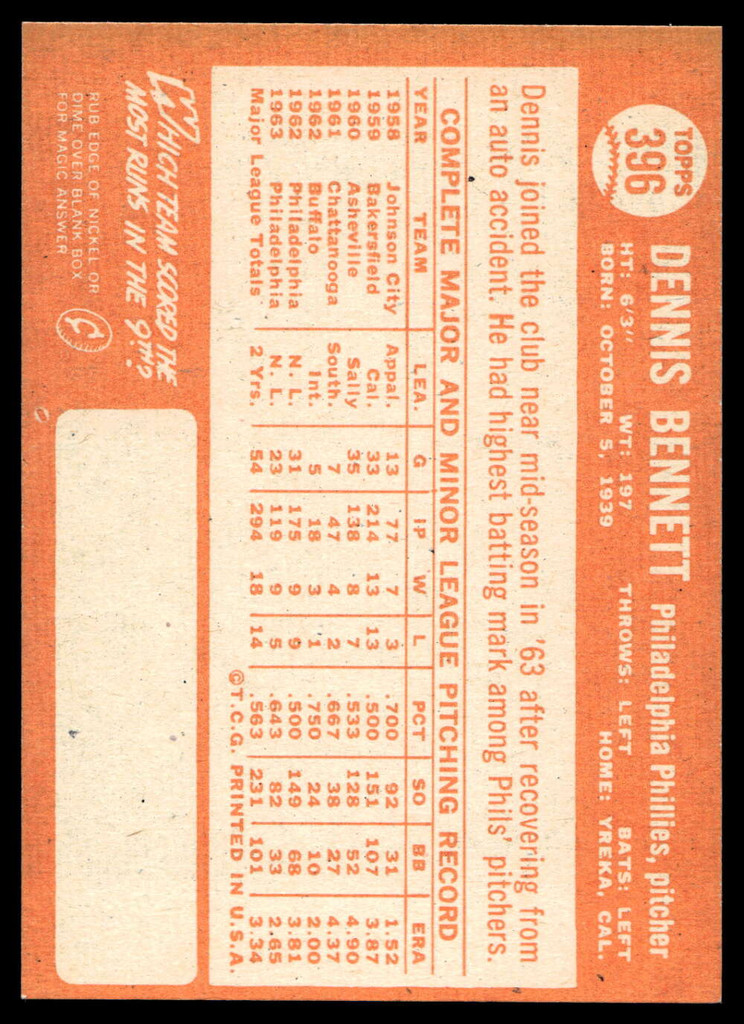 1964 Topps #396 Dennis Bennett Near Mint  ID: 523978