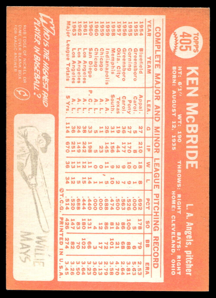 1964 Topps #405 Ken McBride Near Mint  ID: 523982