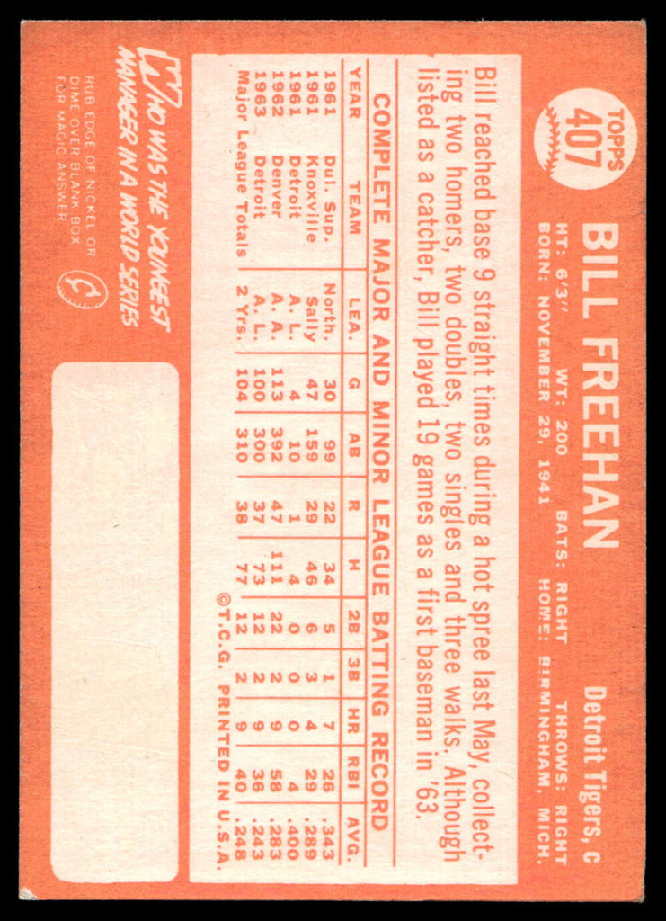 1964 Topps #407 Bill Freehan Excellent+  ID: 523983
