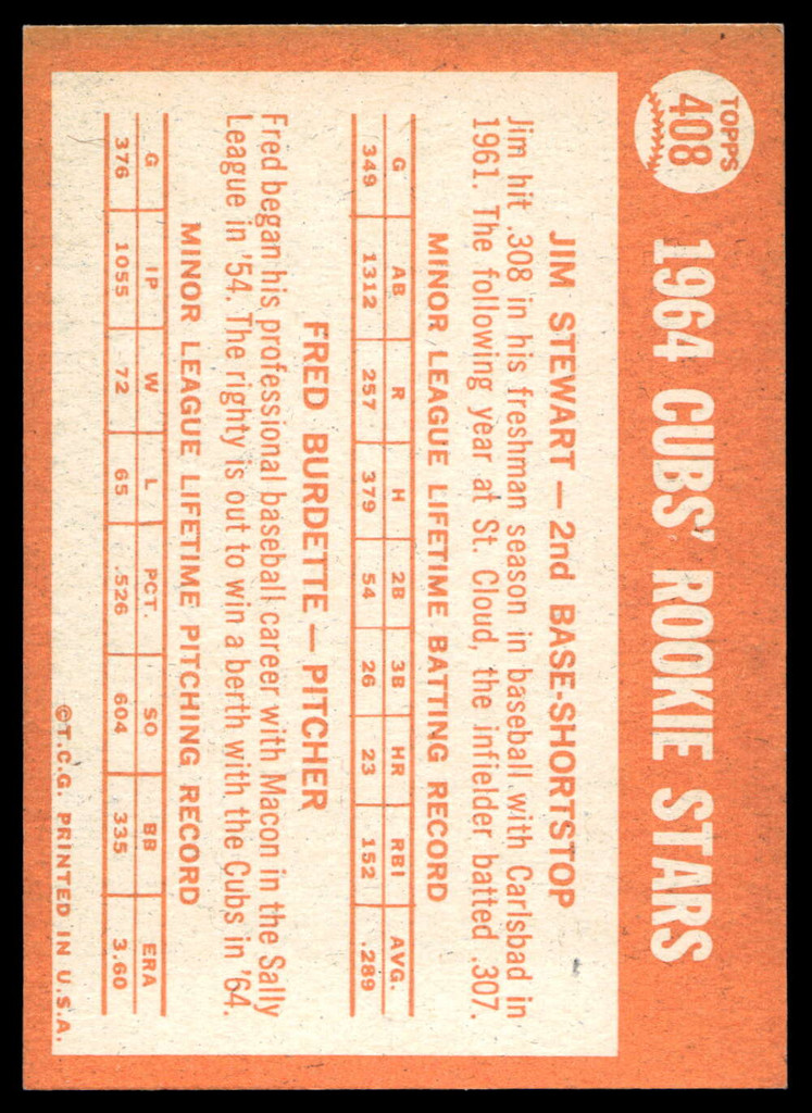 1964 Topps #408 Jimmy Stewart/Fred Burdette Cubs Rookies Near Mint RC Rookie  ID: 523984