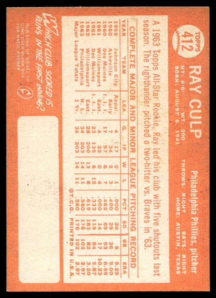 1964 Topps #412 Ray Culp Ex-Mint  ID: 523986