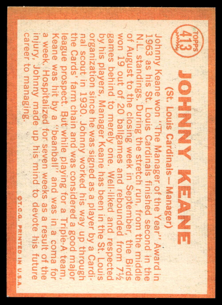 1964 Topps #413 Johnny Keane MG Near Mint  ID: 523987