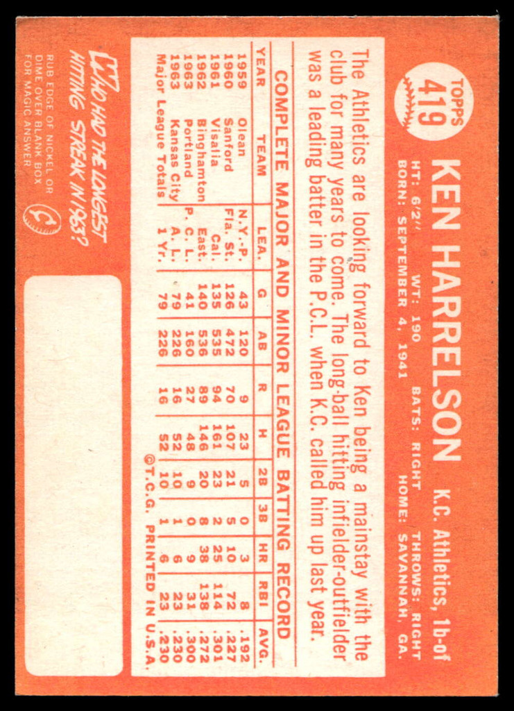 1964 Topps #419 Ken Harrelson Ex-Mint RC Rookie  ID: 523991