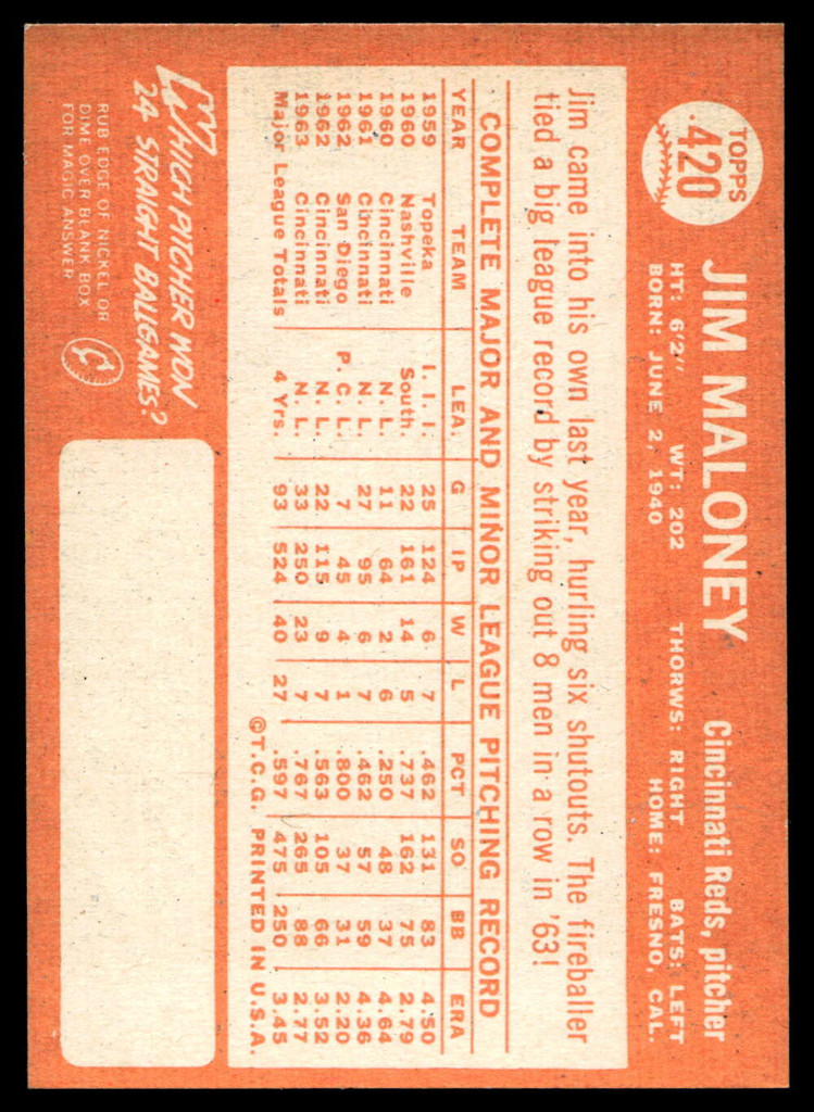 1964 Topps #420 Jim Maloney Near Mint  ID: 523992