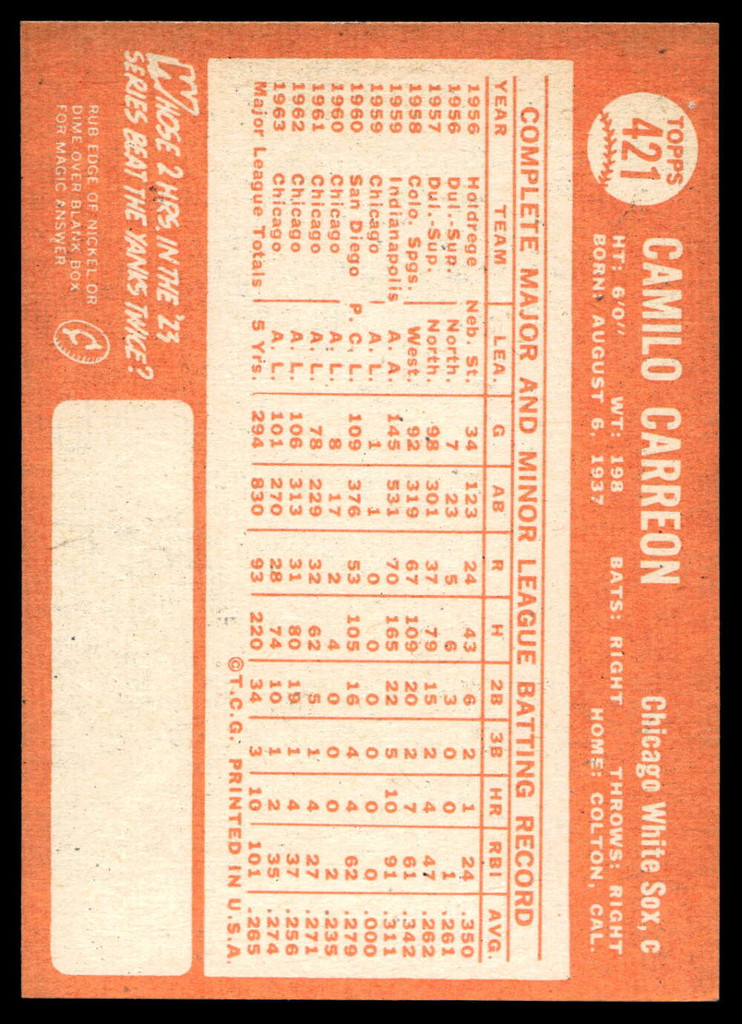 1964 Topps #421 Camilo Carreon Near Mint  ID: 523993