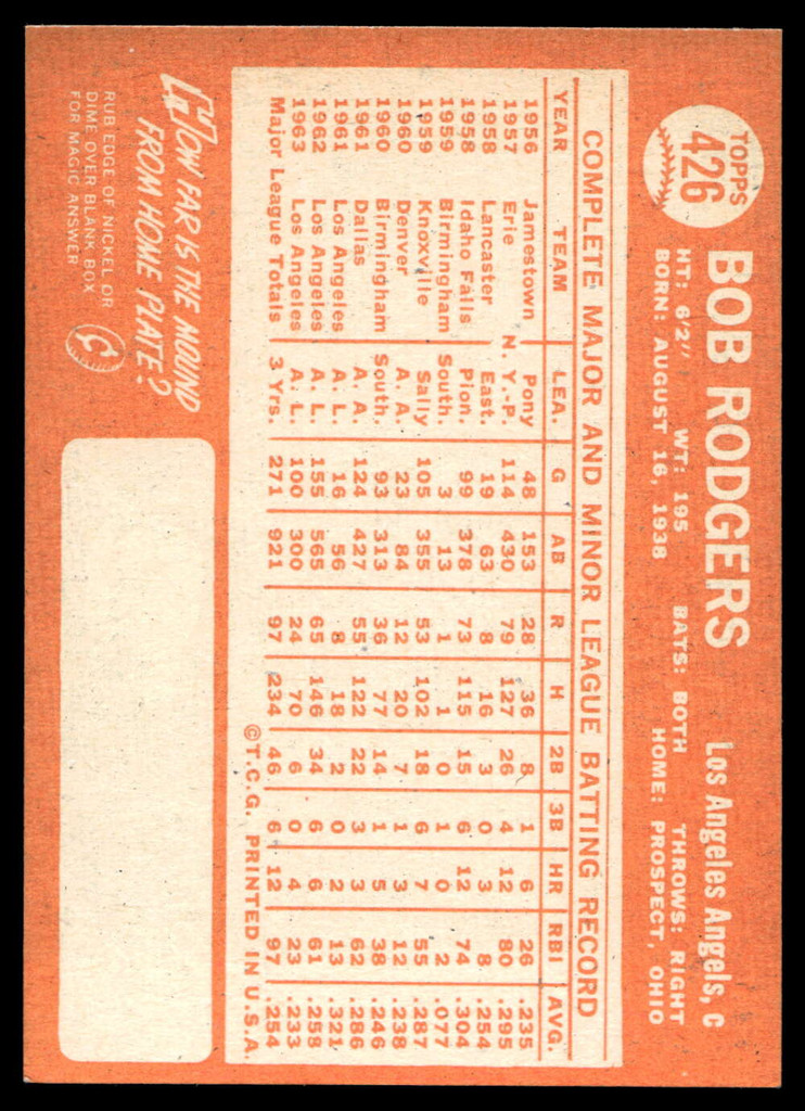 1964 Topps #426 Bob Rodgers Near Mint 