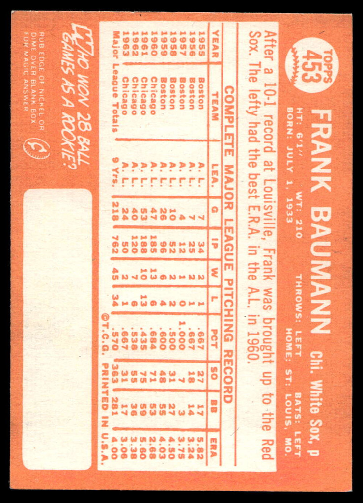 1964 Topps #453 Frank Baumann Ex-Mint  ID: 524008