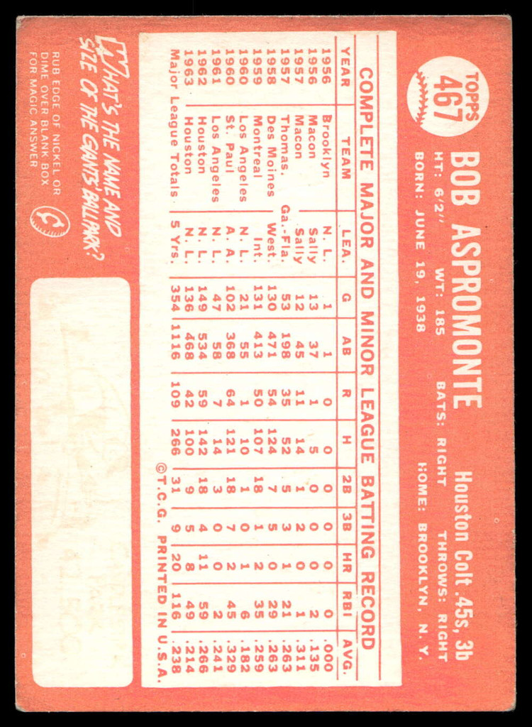 1964 Topps #467 Bob Aspromonte Very Good  ID: 524021