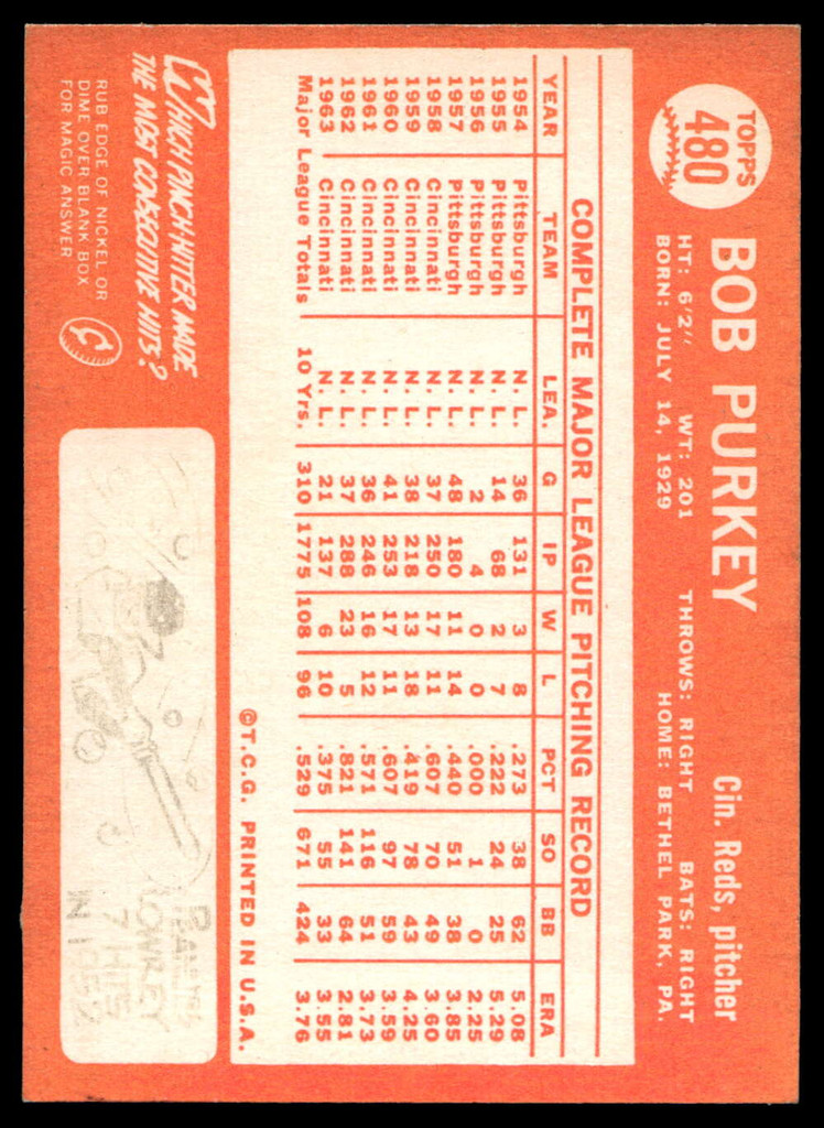 1964 Topps #480 Bob Purkey Ex-Mint  ID: 524028