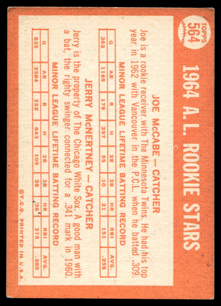 1964 Topps #564 Joe McCabe/Jerry McNertney American League Rookies Very Good RC Rookie  ID: 524062