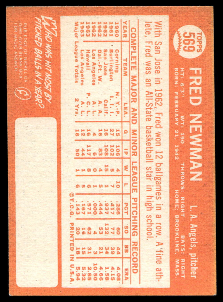 1964 Topps #569 Fred Newman VG-EX 