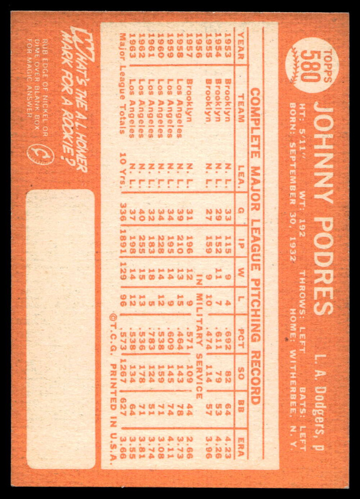 1964 Topps #580 Johnny Podres Ex-Mint  ID: 524066