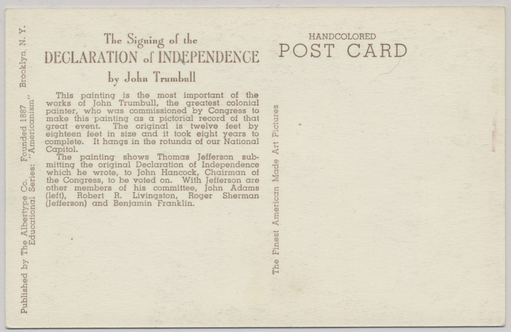 circ. 1910's Unused Post Card "The Signing of the Declaration of independence" by John Trumbull  #*sku37288