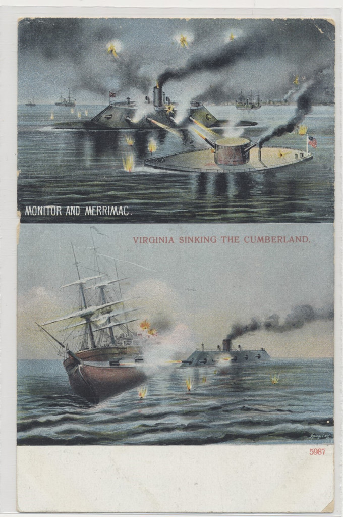 circ. 1910's Used Post Card "Monitor and Merrimac/Virginia Sinking the Cumberland"  #*sku37291