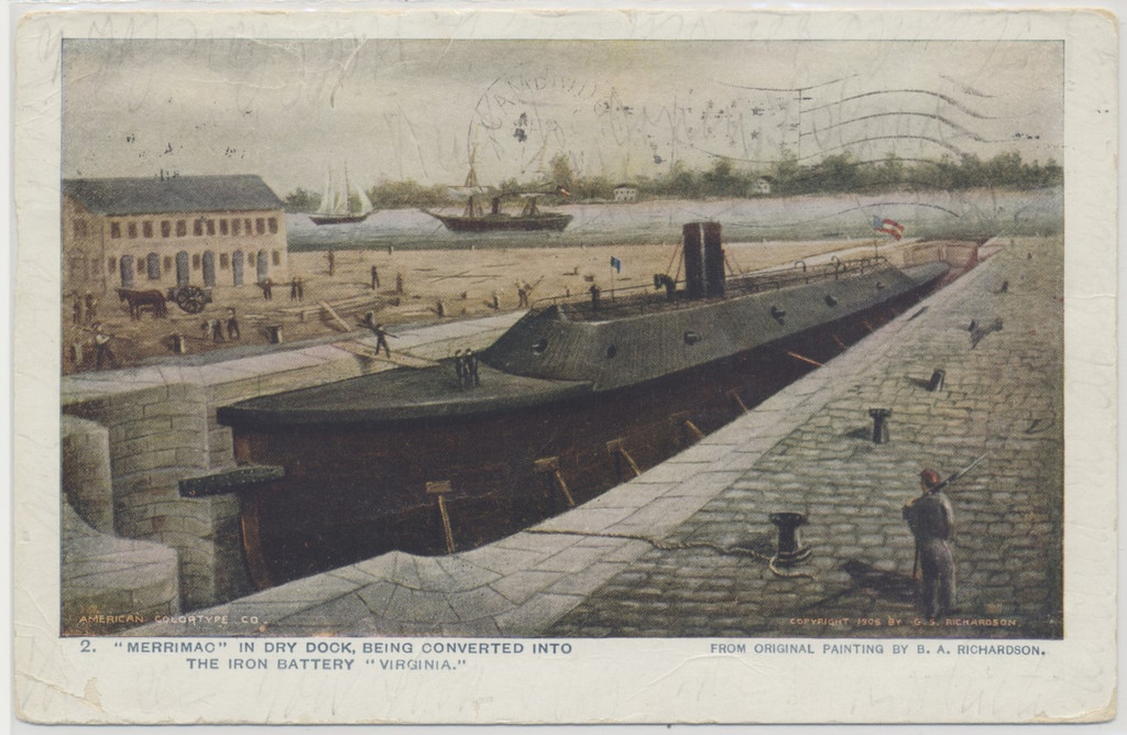 circ. 1910's Used Post Card "Merrimac in Dry Dock Being Converted into the Iron Battery Virginia"  #*sku37292