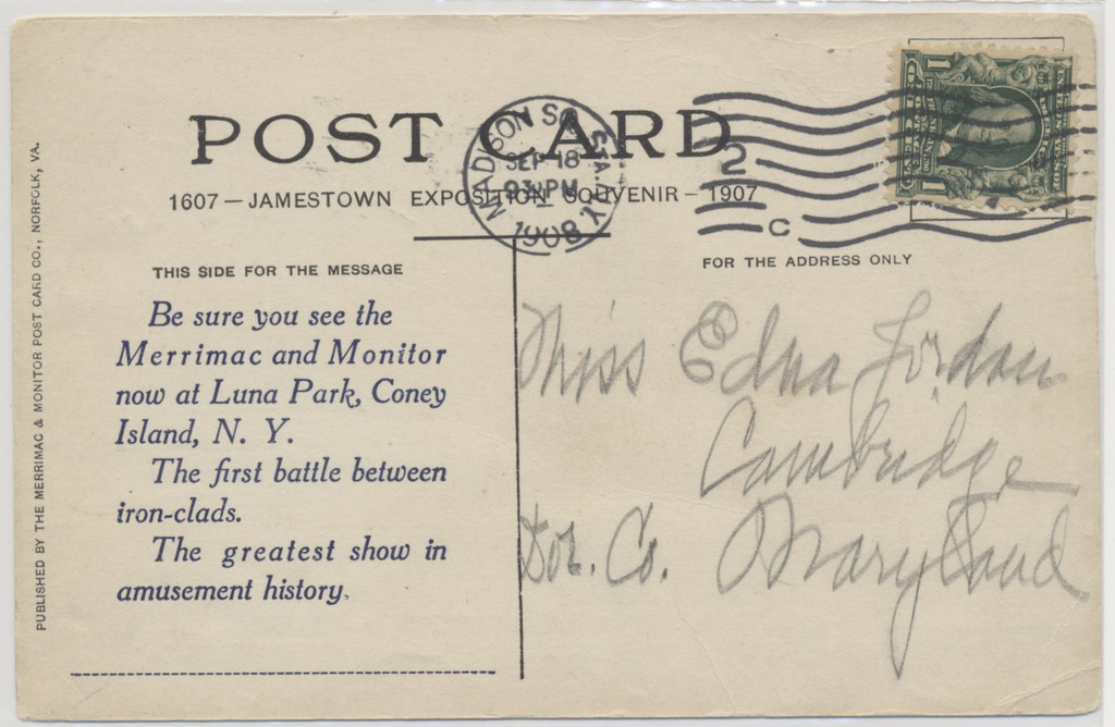 circ. 1910's Used Post Card "Merrimac in Dry Dock Being Converted into the Iron Battery Virginia"  #*sku37292