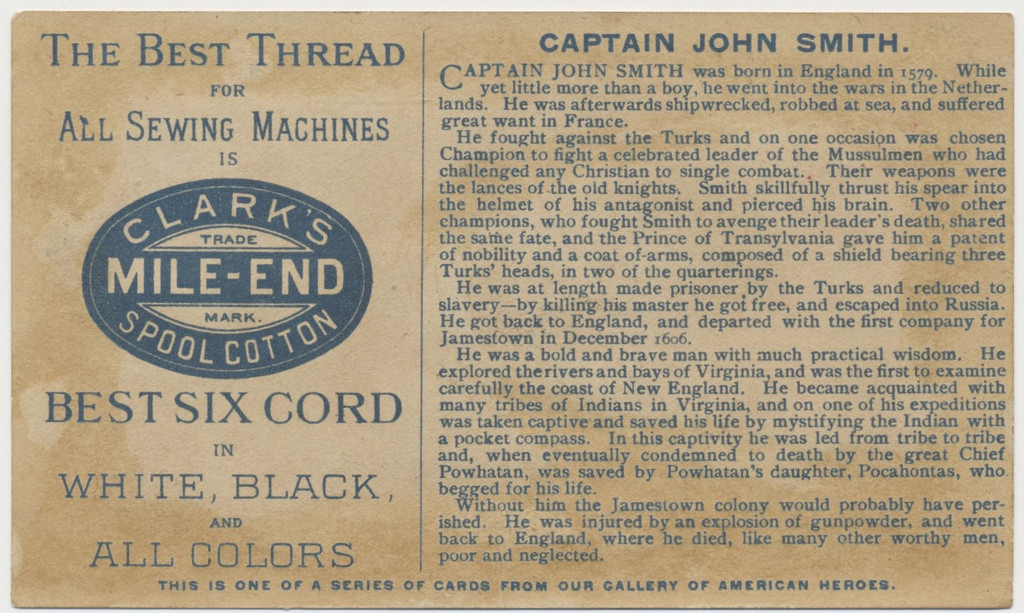 circ. 1890's Clark's Mile-End Spool Cotton CAPTAIN JOHN SMITH  #*sku37332