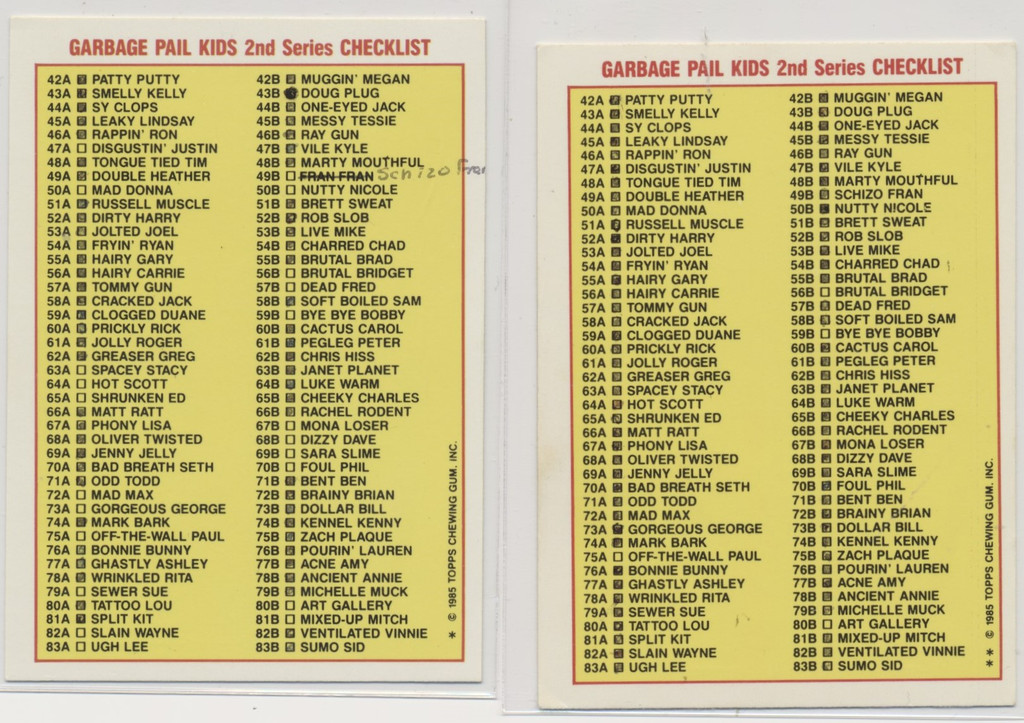 1985 Topps Garbage Pail Kids Series 2  #46a Rappin' Ron & #46b Ray Gun Marked Checklist (TOUGH)  #*sku37374