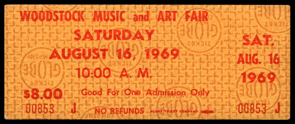 Woodstock Music and Art Fair Saturday UNUSED Ticket 8-16-1969 Gold Authentic 853