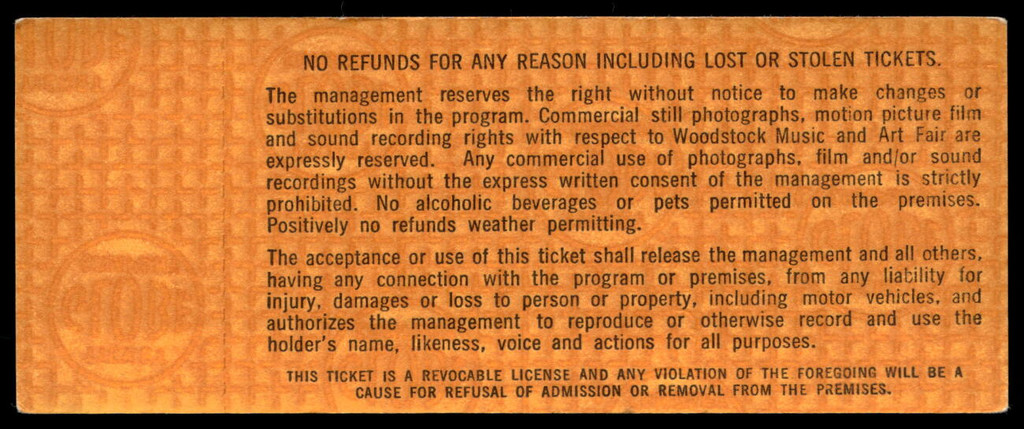 Woodstock Music and Art Fair Saturday UNUSED Ticket 8-16-1969 Gold Authentic 853