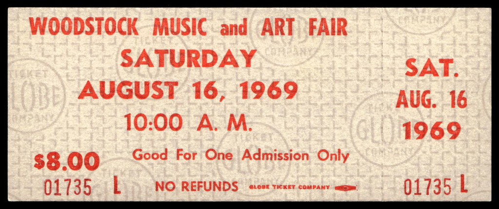 Woodstock Music Art Fair Saturday UNUSED Ticket 8-16-1969 Beige Authentic 1735