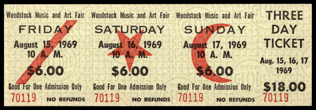 Woodstock Music Art Fair UNUSED 3 Day $18 Ticket 8 15-17 1969 Authentic 70119