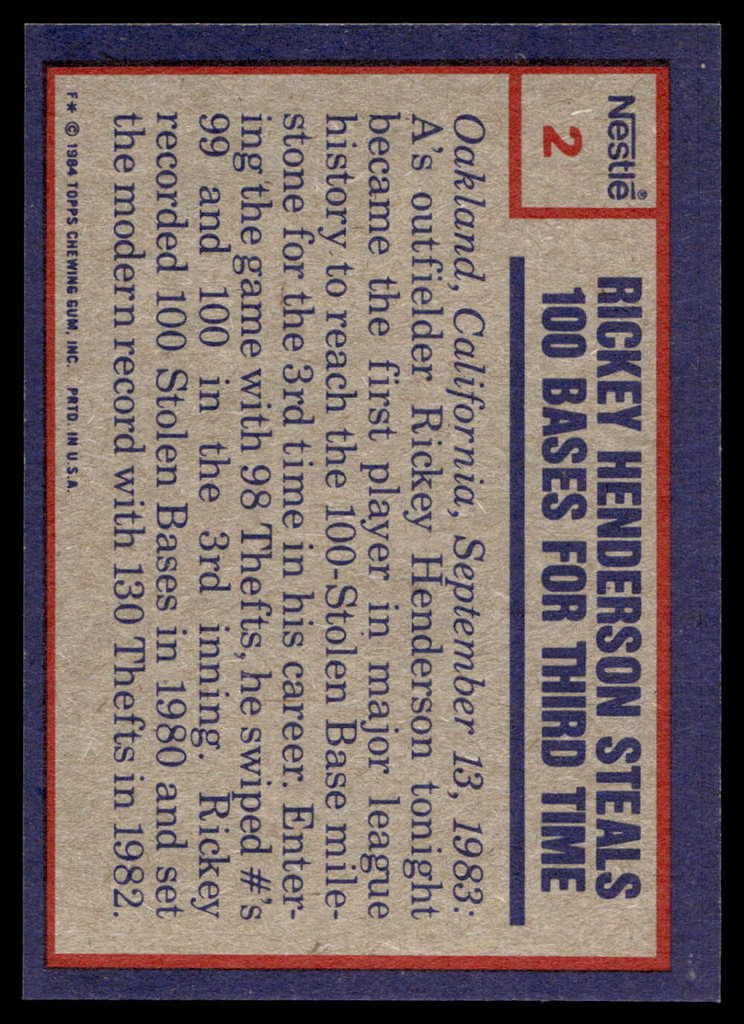 1984 Topps Nestle #2 Rickey Henderson Near Mint+ 