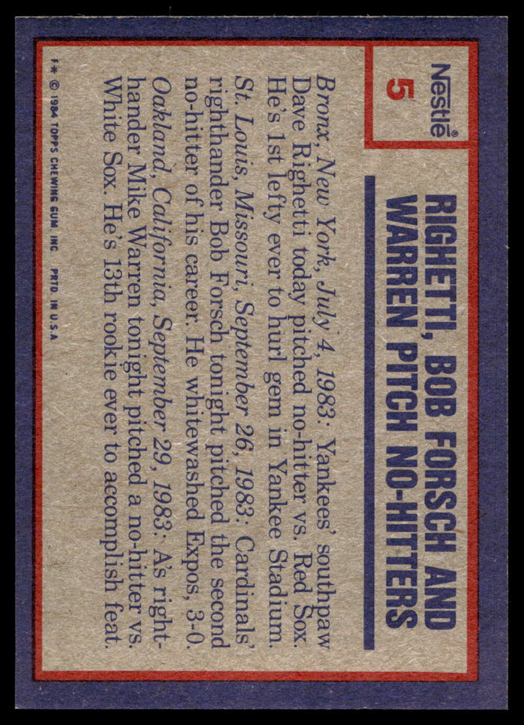 1984 Topps Nestle #5 Bob Forsch /Dave Righetti/Mike Warren Near Mint+  ID: 524084