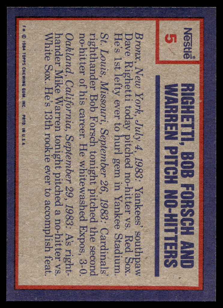 1984 Topps Nestle #5 Bob Forsch /Dave Righetti/Mike Warren Near Mint+  ID: 524085