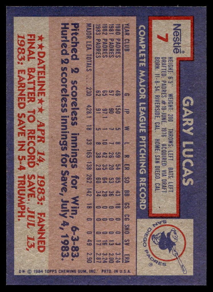 1984 Topps Nestle #7 Gary Lucas Near Mint+ 