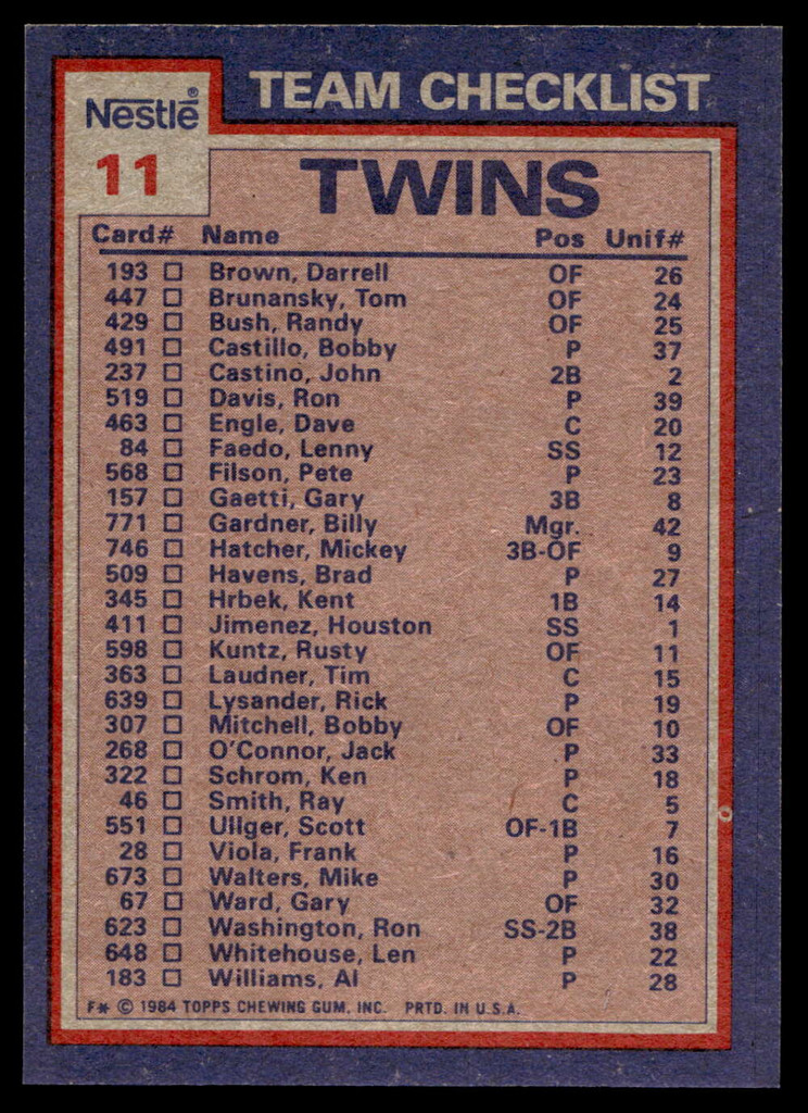1984 Topps Nestle #11 Kent Hrbek/Ken Schrom Near Mint+ 