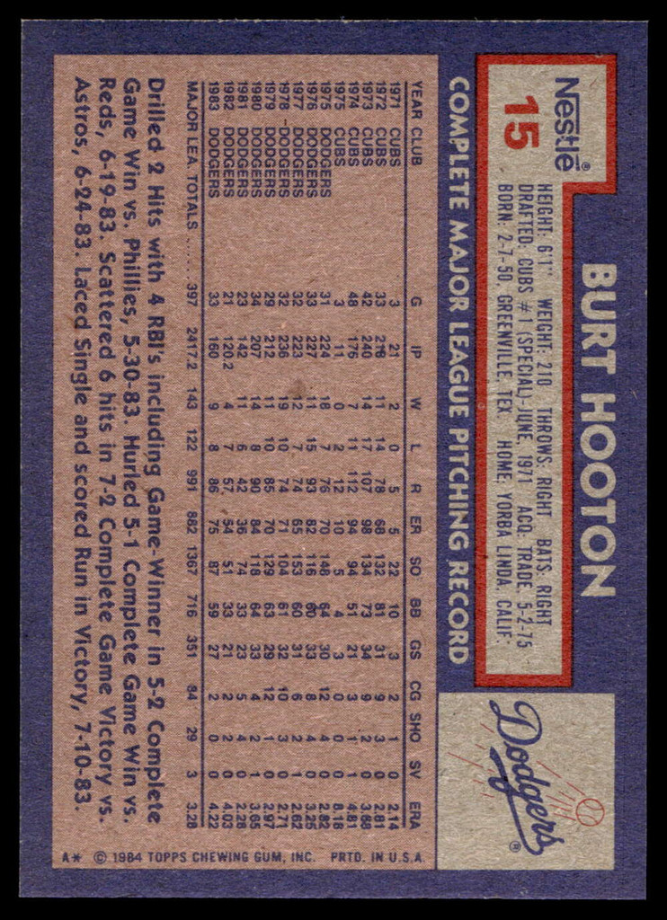 1984 Topps Nestle #15 Burt Hooton Near Mint+ 