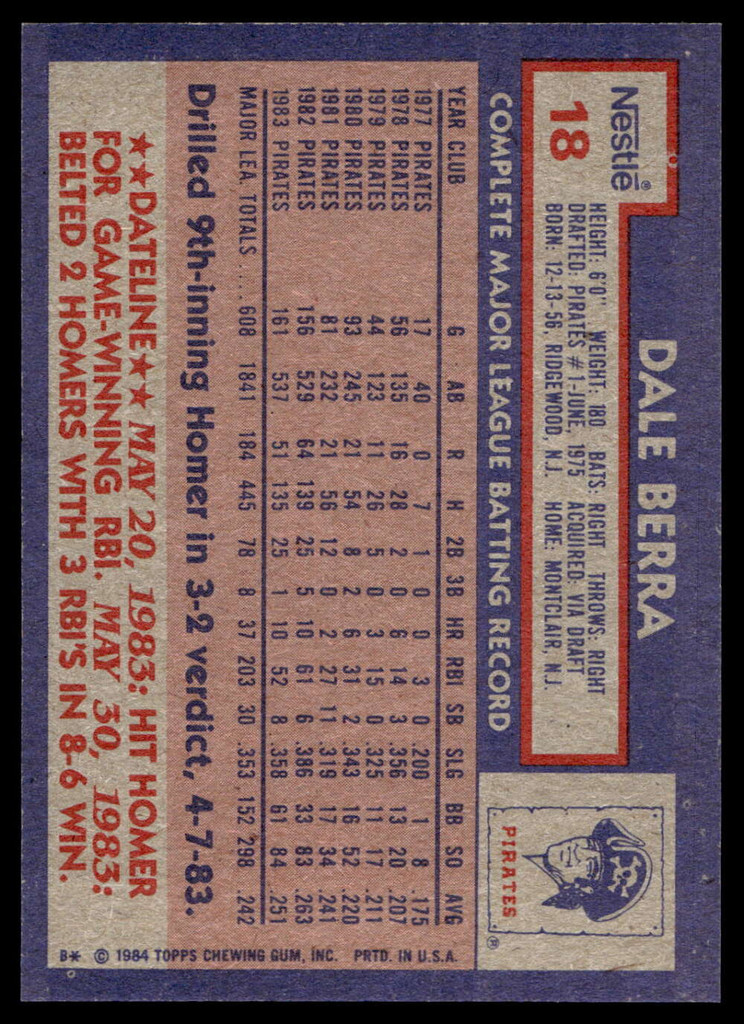 1984 Topps Nestle #18 Dale Berra Near Mint+ 